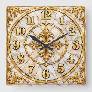 Cuadrado Reloj de lujo ornamentado blanco y dorado elegante
