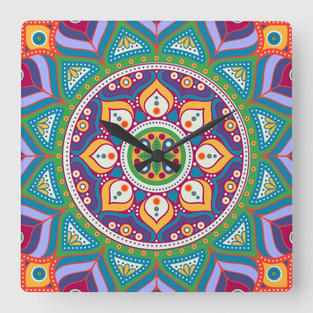Cuadrado Reloj de Mandala colorido (Anverso)