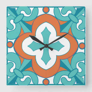 Cuadrado Reloj de mosaico de Talavera - Naranja y turquesa