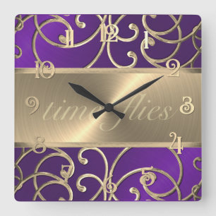 Cuadrado Reloj de moscas moradas y doradas