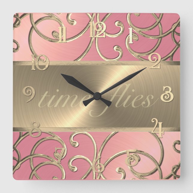 Cuadrado Reloj de moscas rosadas y doradas (Anverso)