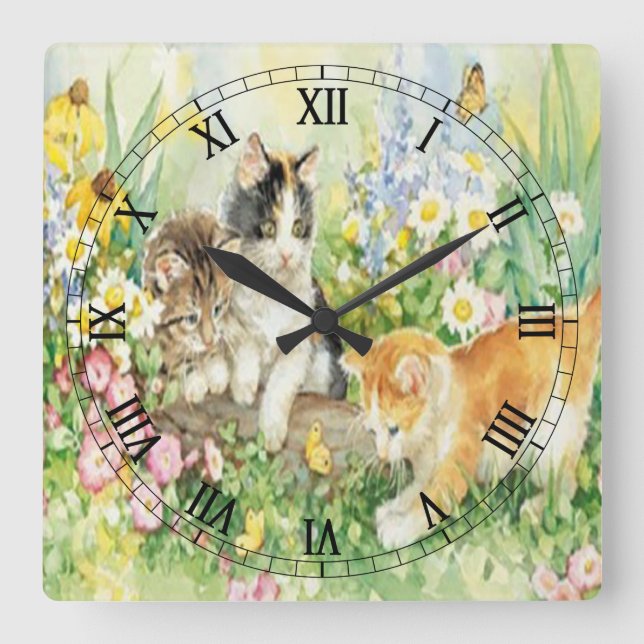 Cuadrado Reloj de números romanos de Cute Kittens Square (Anverso)