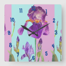 Cuadrado Reloj de oficina para mujer acuarela Iris púrpura