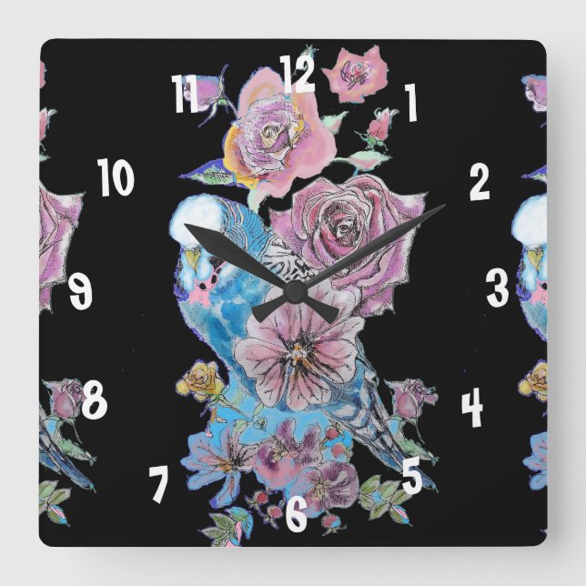 Cuadrado Reloj de oficina para mujer de acuarela de periqui (Anverso)