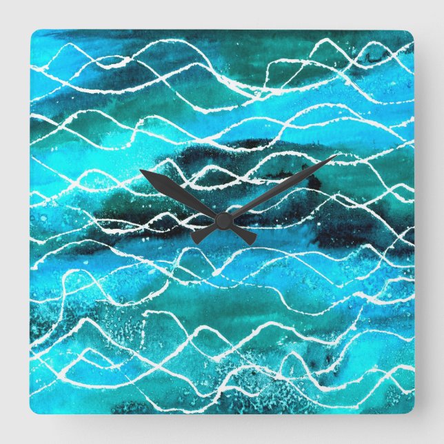 Cuadrado Reloj de ondas vibrantes, turquesa, blanco, negro (Anverso)