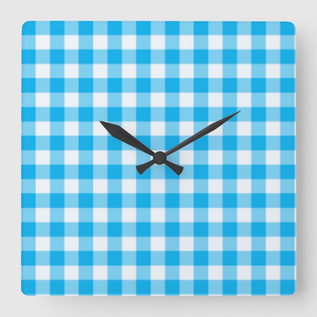 Cuadrado Reloj de pared, azul turquesa y negro Gingham (Anverso)