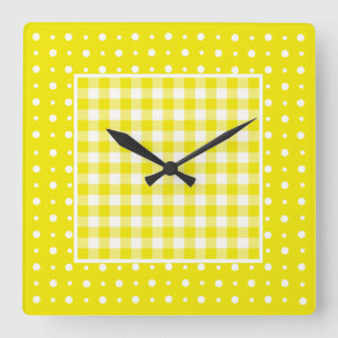 Cuadrado Reloj de pared, control amarillo Gingham y puntos 