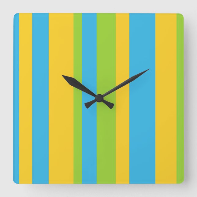 Cuadrado Reloj de pared: franjas turquesa, amarilla y verde (Anverso)
