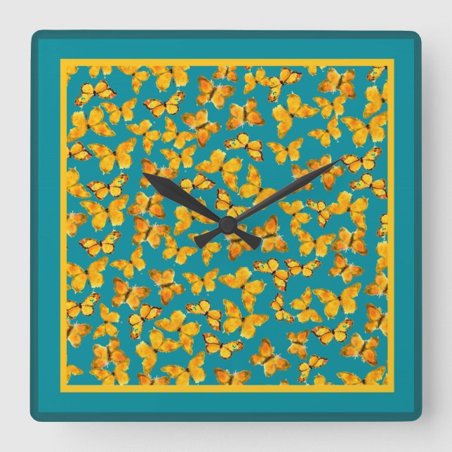 Cuadrado Reloj de pared, mariposas doradas en Verde azulado (Anverso)