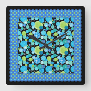Cuadrado Reloj de pared, mezcla de lunas azules, puntos de