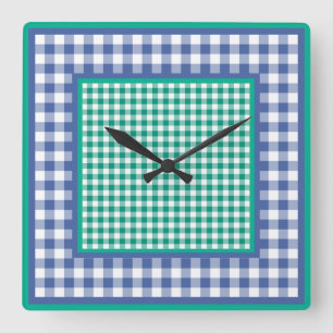 Cuadrado Reloj de pared, verde esmeralda y azul de Gingham