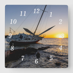Cuadrado Reloj de puesta de sol de velero y malecón de Gulf