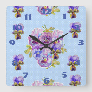 Cuadrado Reloj de punto floral pansy de los paneles azules 