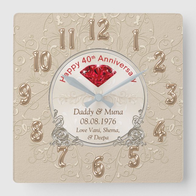 Cuadrado RELOJ de regalo de cuarenta años de Boda personali (Anverso)