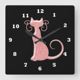 Cuadrado Reloj de Sillohette de gato rosa