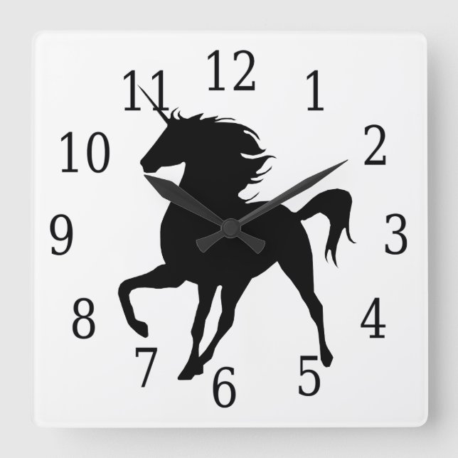 Cuadrado Reloj de silueta negro de unicornio (Anverso)