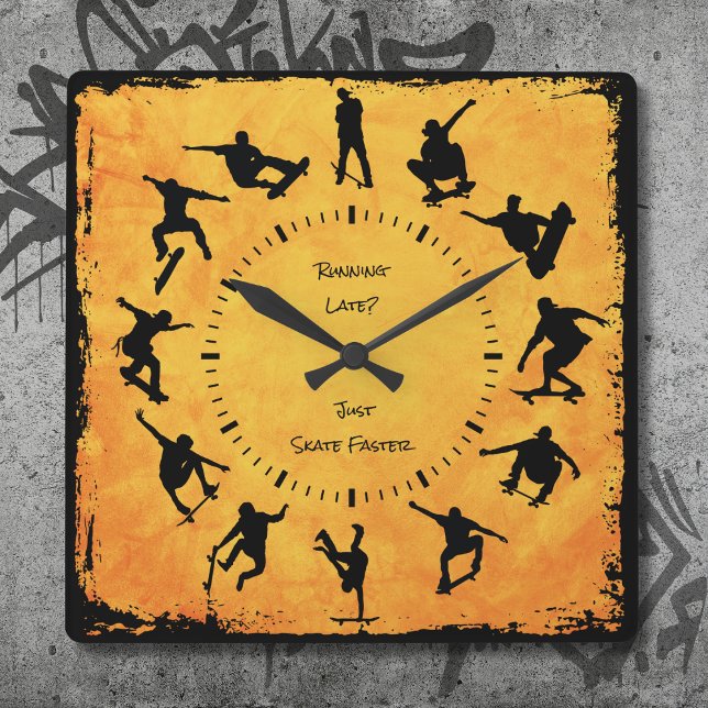 Cuadrado Reloj de Skateboarding Amarillo Siempre En Mi Tabl (Forever On My Board Skateboarding Clock Yellow)