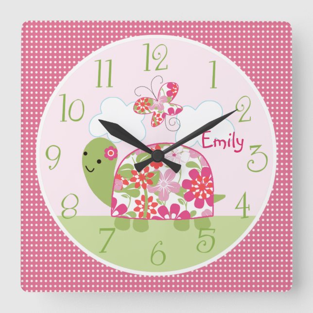 Cuadrado Reloj de tortuga/mariposa rosada personalizado (Anverso)
