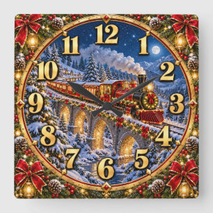 Cuadrado Reloj de tren de Navidad Bosque Mágico de Invierno