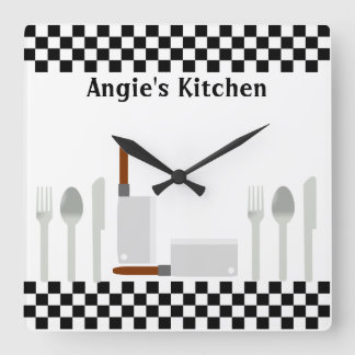 Cuadrado Reloj de utensilios de cocina de tablero de ajedre