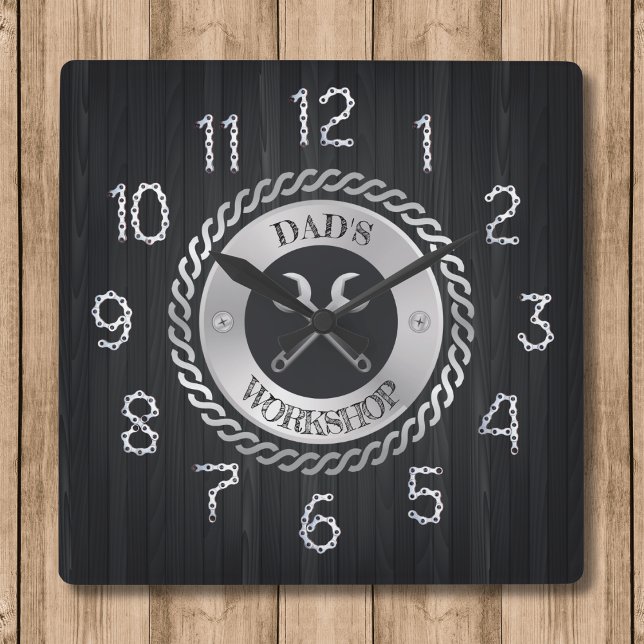 Cuadrado Reloj del hombre habilidoso del taller de papá (Personalized Dad's Workshop Handyman Clock)