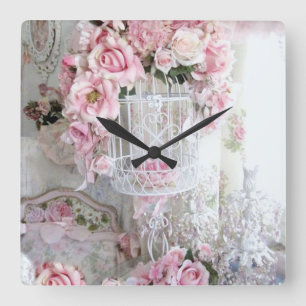Cuadrado Reloj del muro rosa rosado Shabby