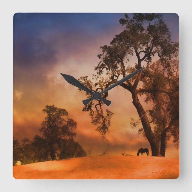 Cuadrado Reloj del país con caballo y atardecer (Anverso)