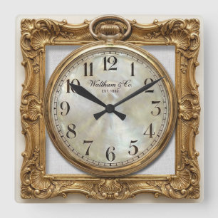Cuadrado Reloj dorado con marco antiguo
