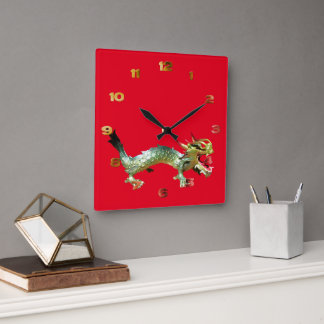 Cuadrado Reloj - Dragón Oriental sobre Rojo