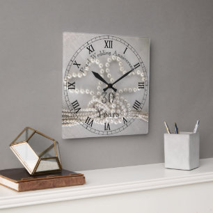 Cuadrado Reloj elegante de aniversario de bodas de perla 30