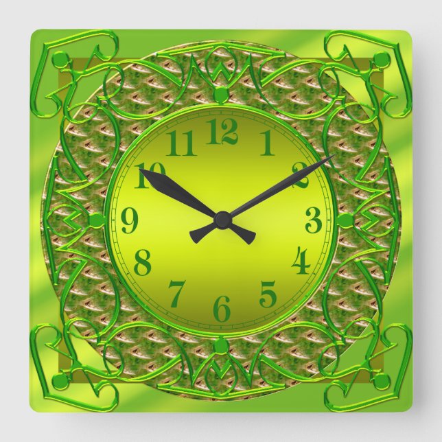 Cuadrado Reloj elegante de pared verde limón (Anverso)