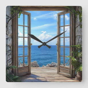 Cuadrado Reloj escénico de vista al océano con ventana fals