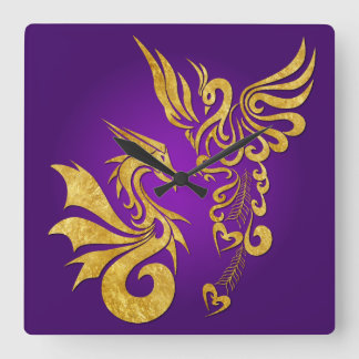 Cuadrado Reloj Feng Shui Golden Phoenix & Dragon - púrpura