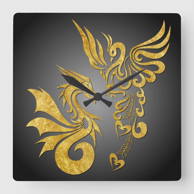 Cuadrado Reloj Feng Shui Golden Phoenix y Dragon - negro (Anverso)