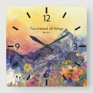 Cuadrado Reloj floral de pared de montaña con verso biblial