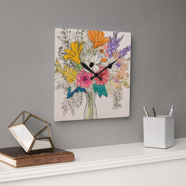 Cuadrado Reloj floral elegante para el encanto (Oficina)