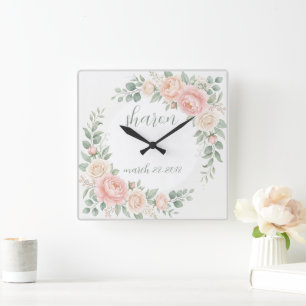 Cuadrado Reloj floral personalizable acuarela flores pared