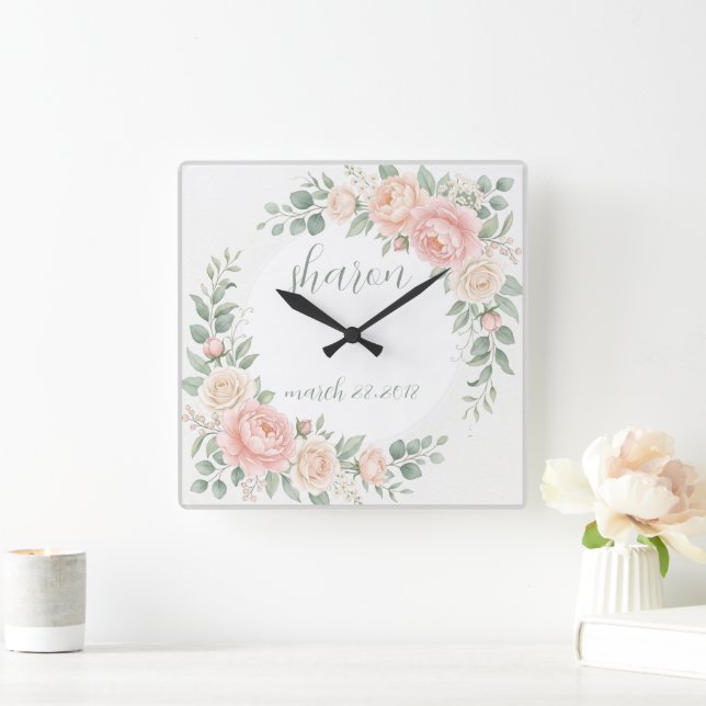 Cuadrado Reloj floral personalizable acuarela flores pared (Hogar)