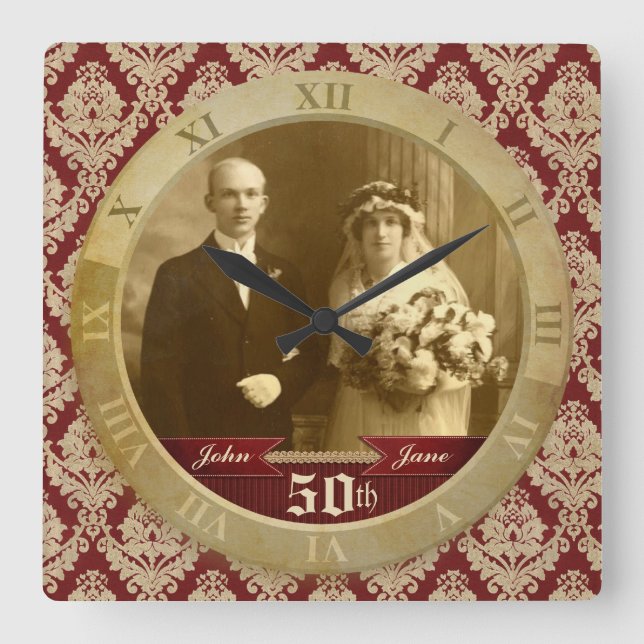 Cuadrado Reloj fotográfico rojo Damasco romano Número roman (Anverso)