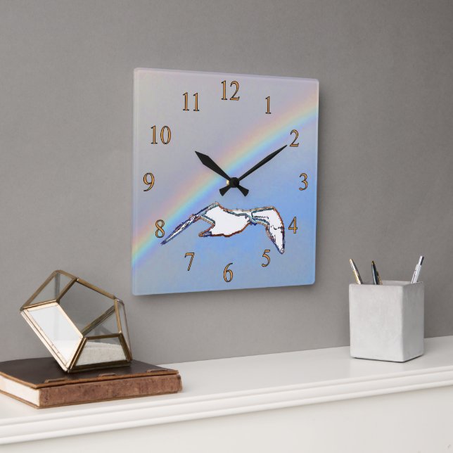 Cuadrado Reloj - Gaviota con resaltados del arco iris (Oficina)