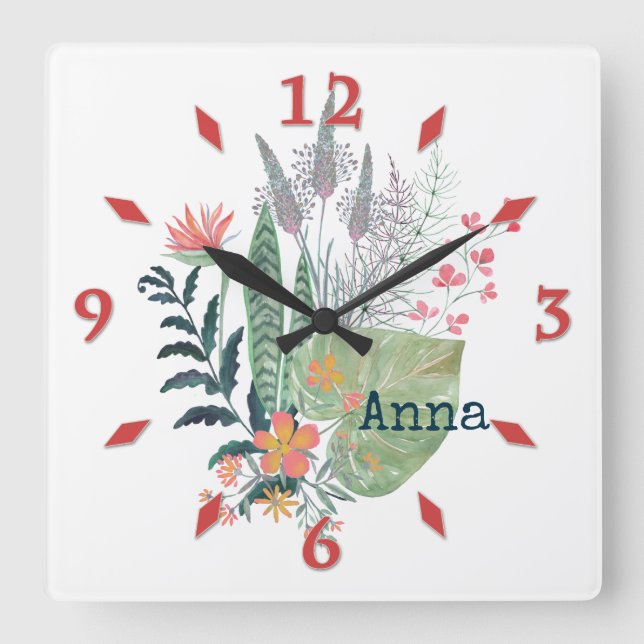 Cuadrado reloj grande personalizado de flores botánicas tro (Anverso)