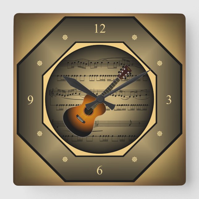 Cuadrado Reloj ~ Guitar ~ Hoja de música ~ Único ~ ~ (Anverso)