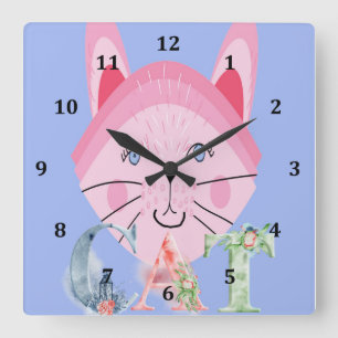Cuadrado Reloj infantil con gato rosa lindo