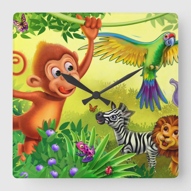 Cuadrado Reloj infantil de animales de la jungla (Anverso)