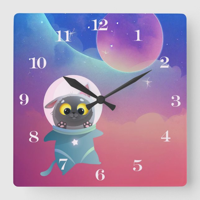 Cuadrado Reloj infantil de pared de gato espacial (Anverso)