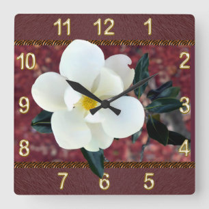 Cuadrado Reloj magnífico de la magnolia, Borgoña o SUS