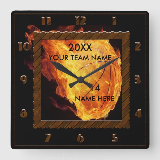 Cuadrado Reloj marrón y negro del baloncesto con nombre del (Anverso)