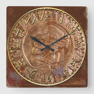 Cuadrado Reloj Metalizado azteca maya tallado de historia d