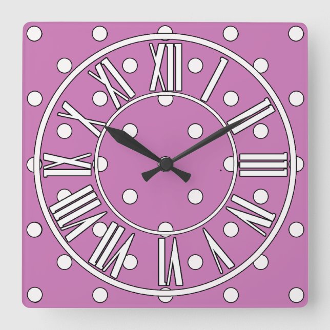 Cuadrado Reloj morado con puntos y detalles blancos (Anverso)