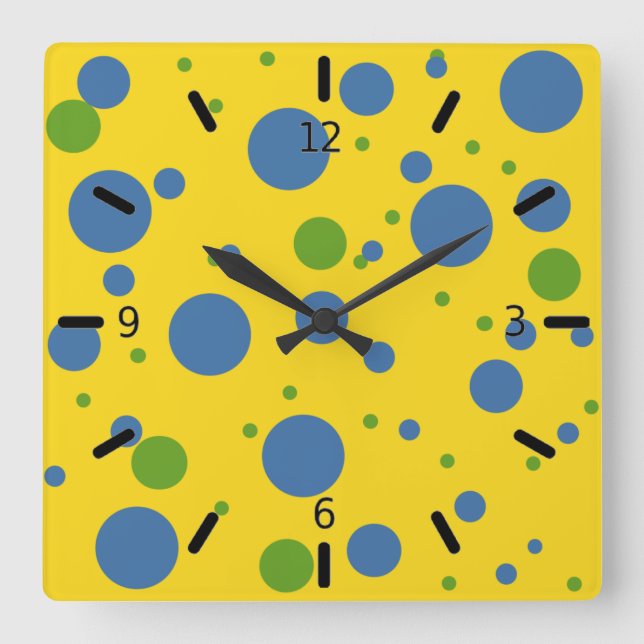 Cuadrado Reloj mural amarillo, verde y azul divertido (Anverso)